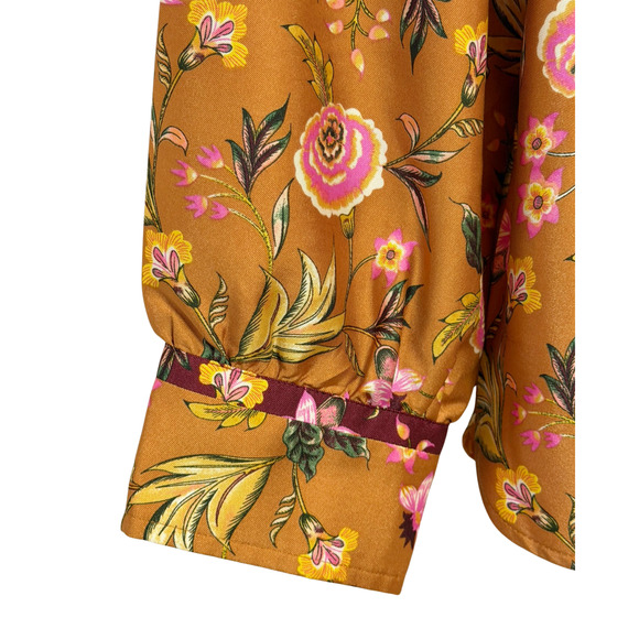 Loft Sz XXL Dressy Blouse Contrast Yoke Bronze & Burgundy Floral Satin Office - Picture 5 of 8